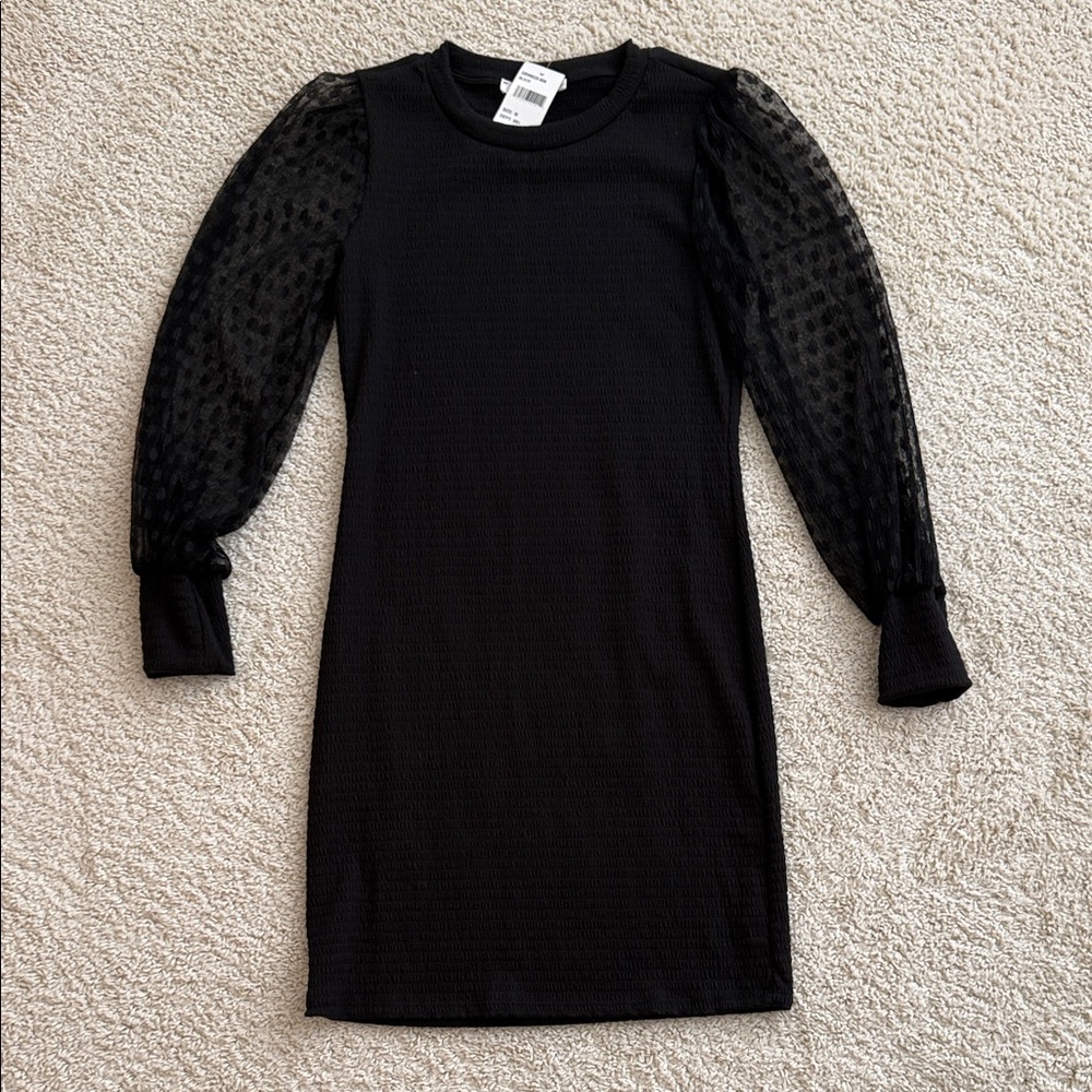 Lush Black Puff-Sleeve Knit Sheer Dress